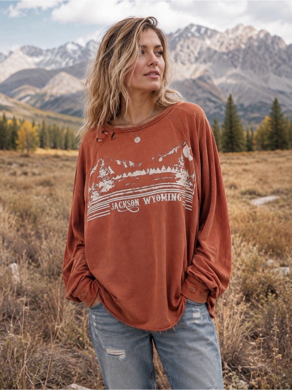 Free People Jackson Wyoming Distressed Graphic Pullover Sweatshirt In Terracotta